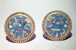 Ear disks decorated with bird-headed warriors carrying shields, spears and slings, Mochica style by Pre Columbian Pre Columbian